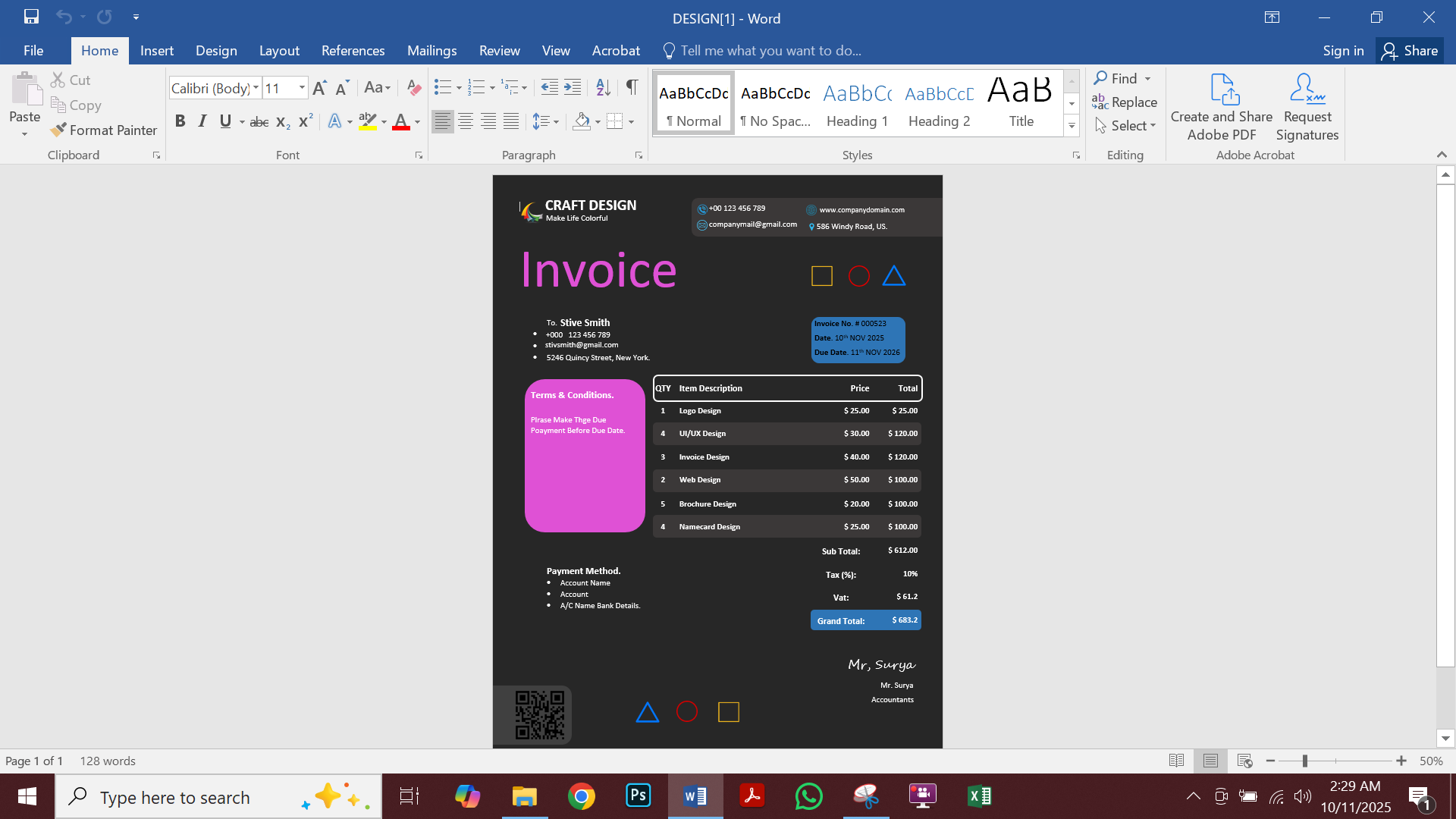 Professional MS Word Invoice Template Preview