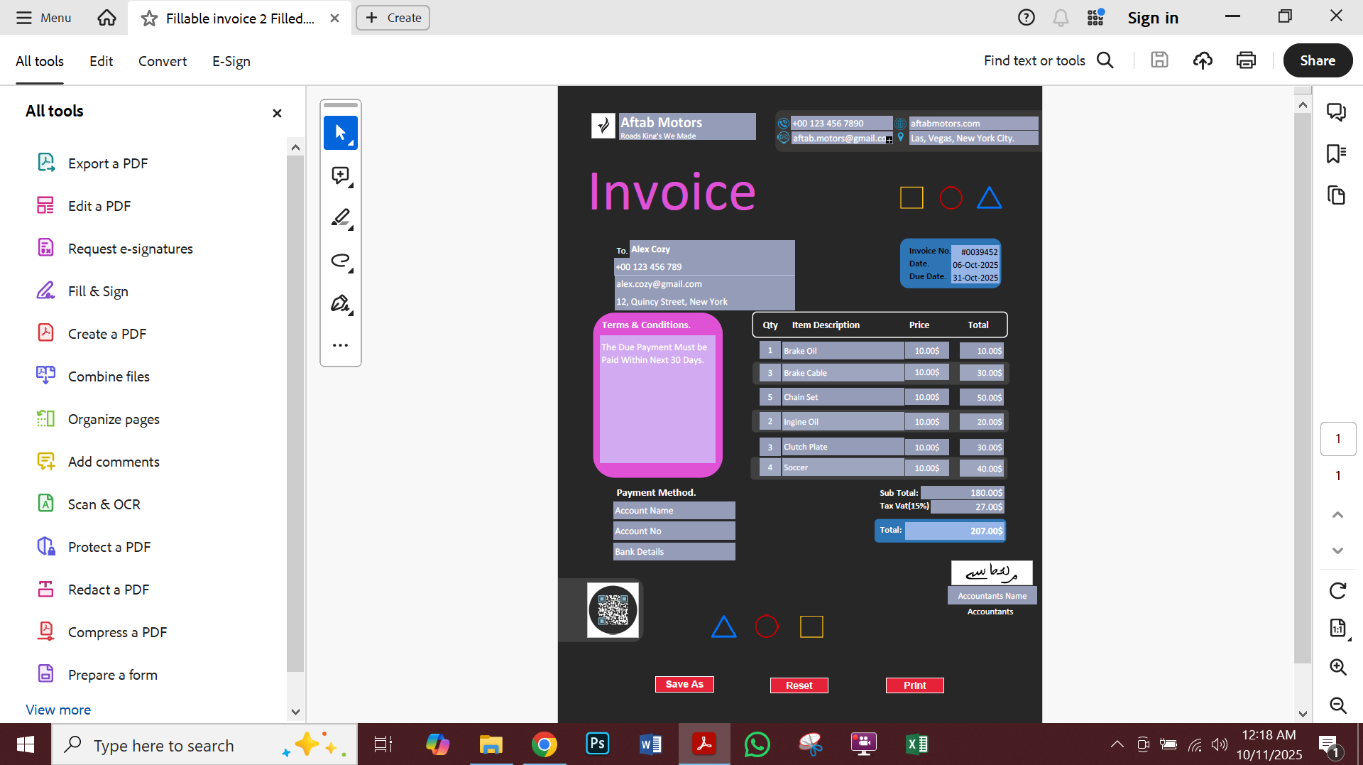 Fillable PDF Sales Invoice Template Preview