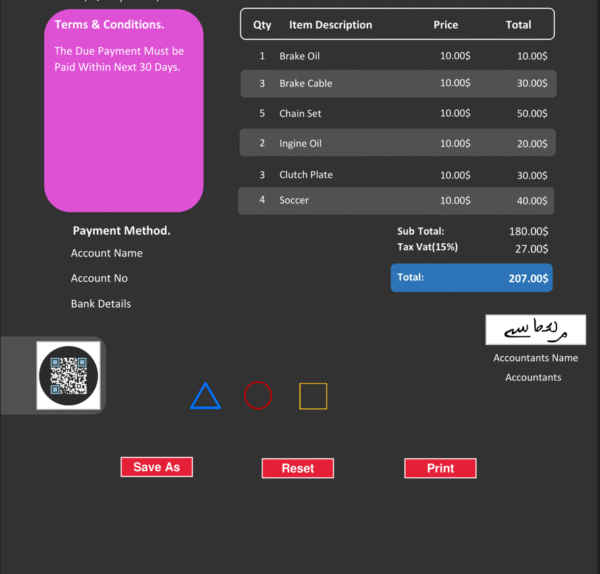Fillable PDF Sales Invoice Template Design 1 - Automated Calculations - Image 4