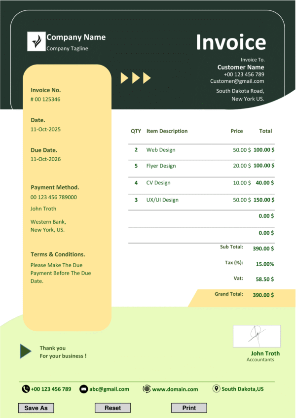 Fillable PDF Sales Invoice Template Design 5 - Automated Calculations - Image 2