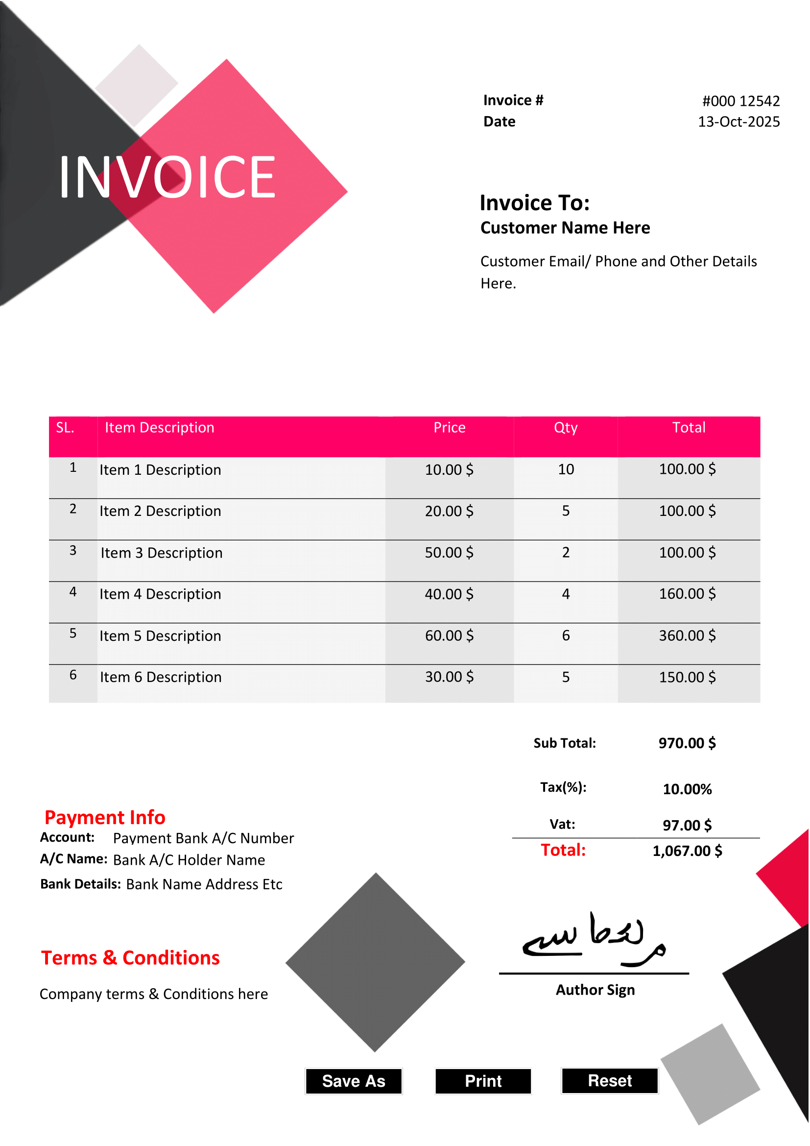 Fillable PDF Sales Invoice Template Design 9 - Automated Calculations - Image 2