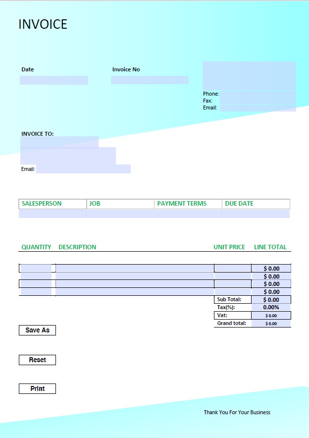 Fillable PDF Sales Invoice Template Design 7 - Automated Calculations