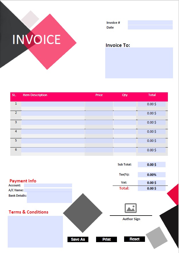 Fillable PDF Sales Invoice Template Design 9 - Automated Calculations