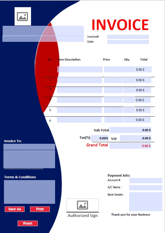 Fillable PDF Sales Invoice Template Design 2 - Automated Calculations