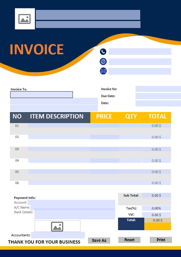 Fillable PDF Sales Invoice Template Design 8 - Automated Calculations