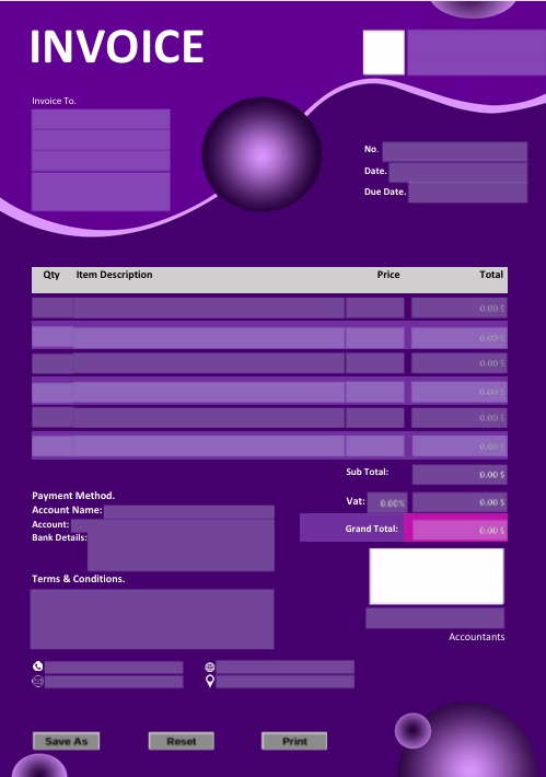 Fillable PDF Sales Invoice Template Design 4 - Automated Calculations