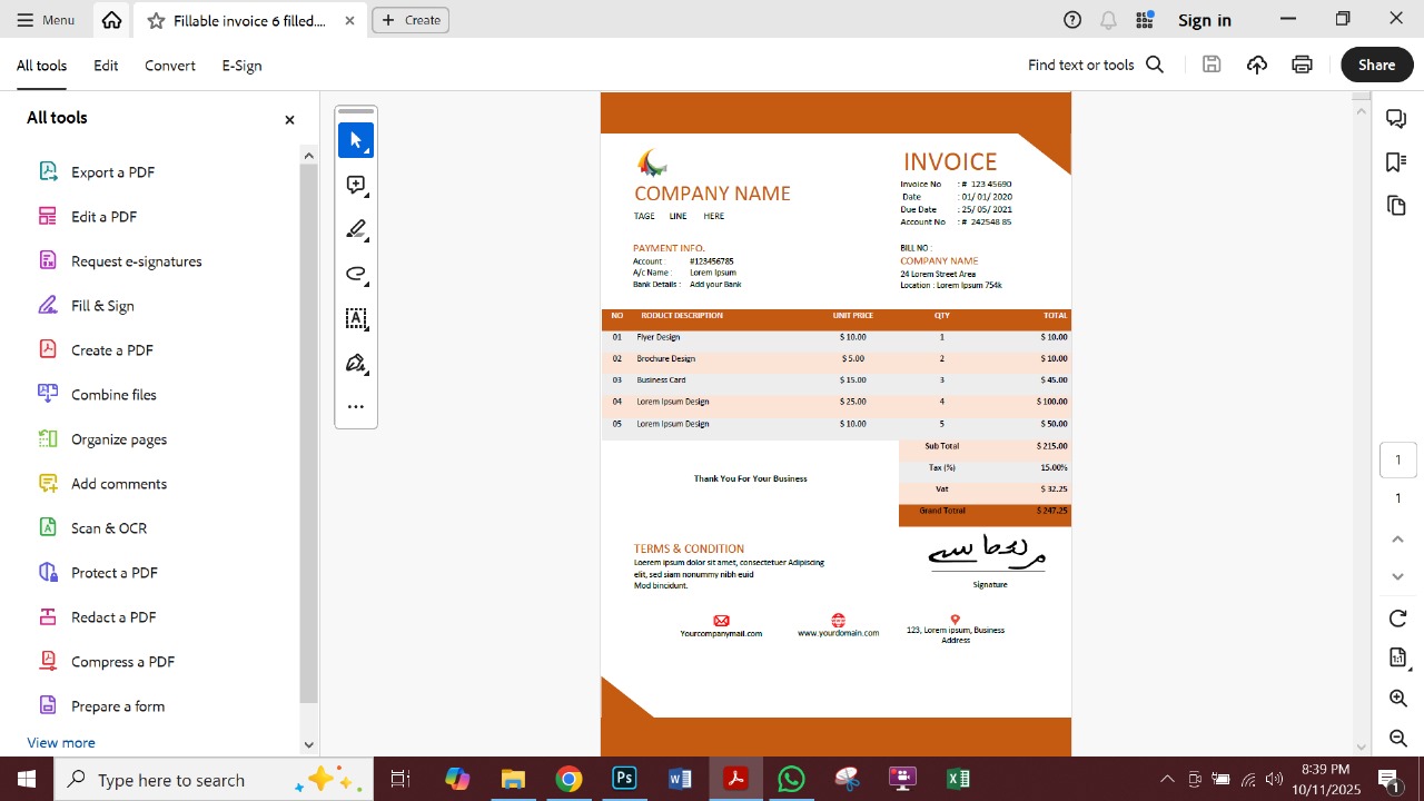 Fillable PDF Sales Invoice Template Preview