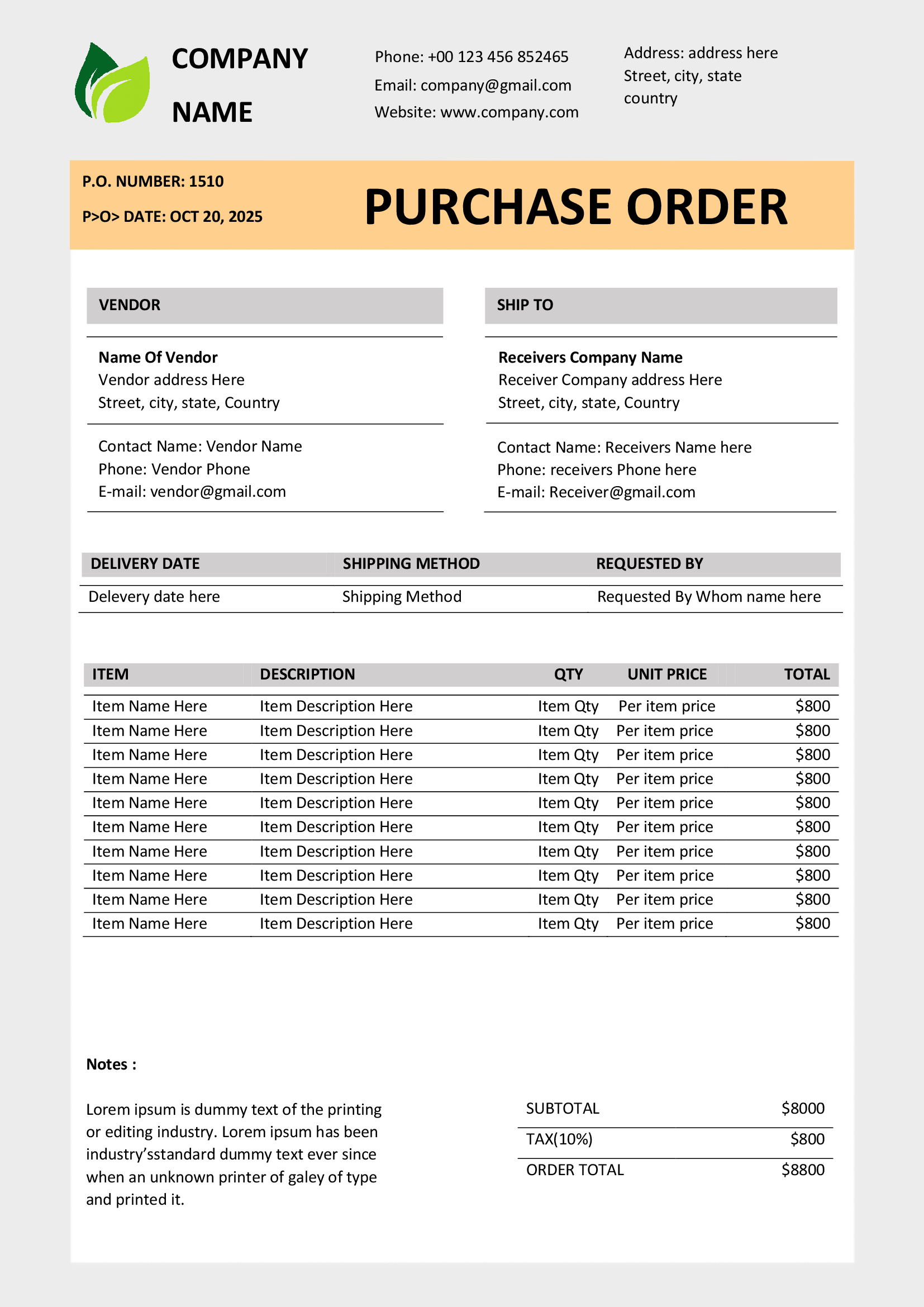 Premium MS Word Purchase Order Template Design 1 - Fully Editable & Instant Download - Image 2