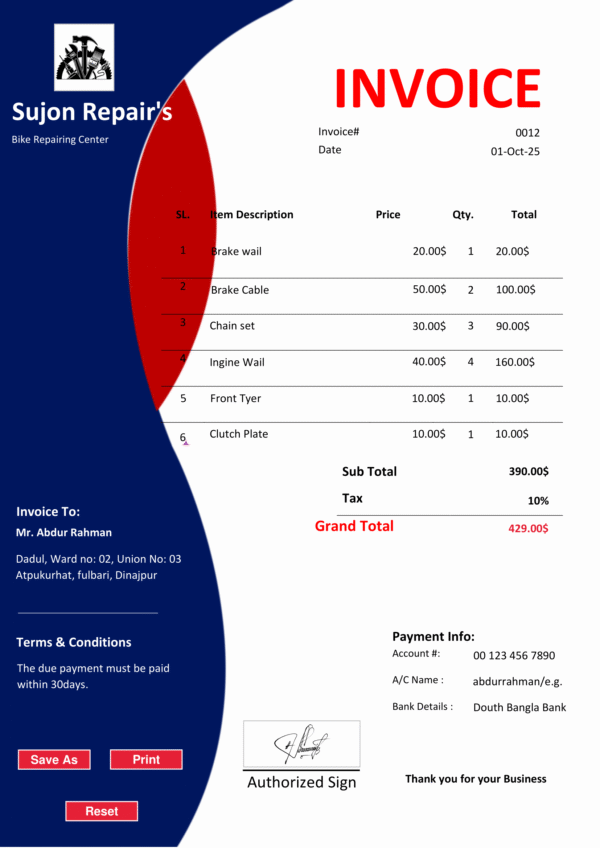 Fillable PDF Sales Invoice Template Design 2 - Automated Calculations