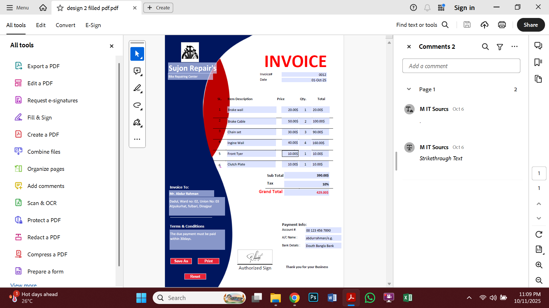 Fillable PDF Sales Invoice Template Preview