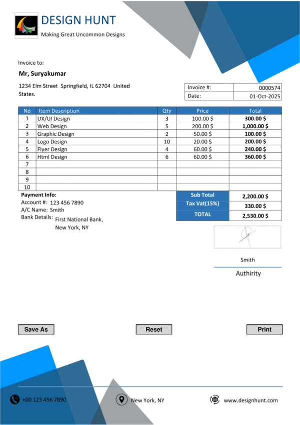 Fillable PDF Sales Invoice Template Design 3 - Automated Calculations - Image 3