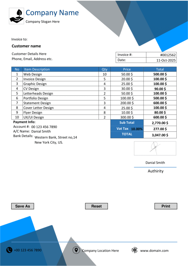 Fillable PDF Sales Invoice Template Design 3 - Automated Calculations - Image 4