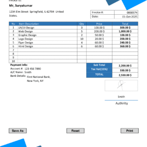 Fillable PDF Sales Invoice Template Design 3 - Automated Calculations