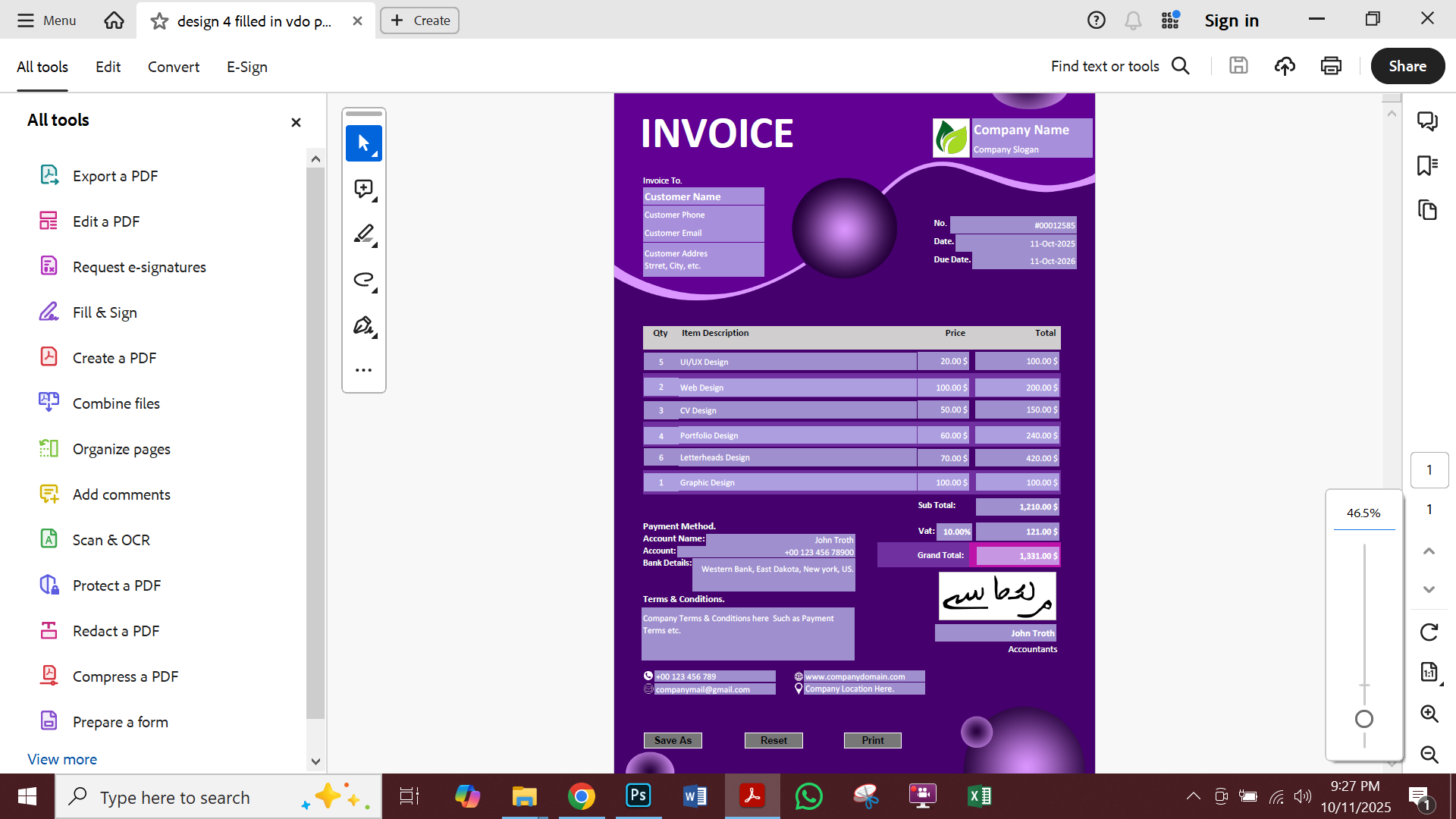 Fillable PDF Sales Invoice Template Preview
