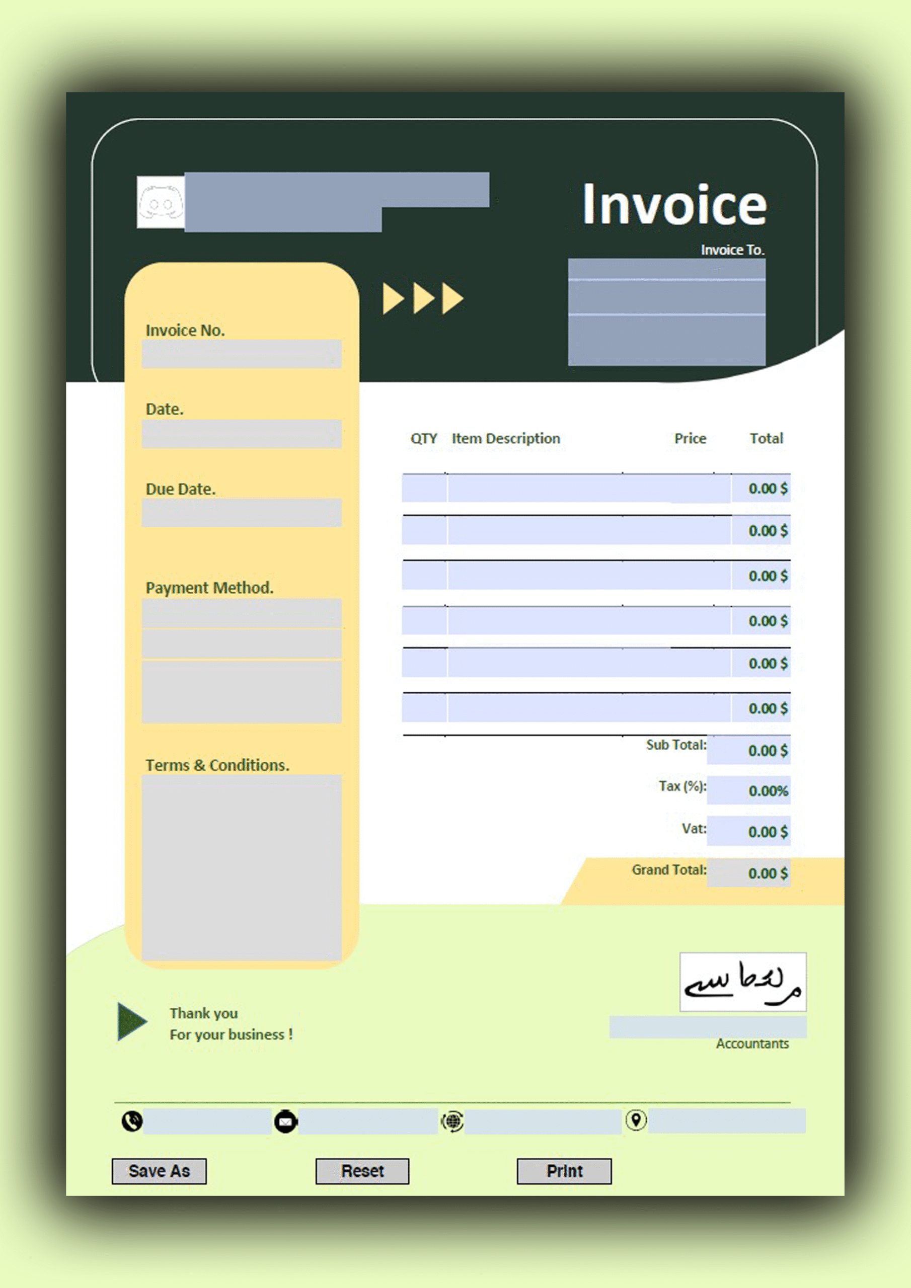 Fillable PDF Sales Invoice Template Design 5 - Automated Calculations