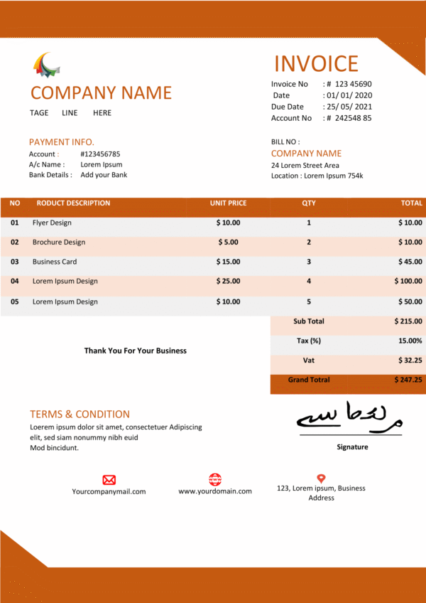 Fillable PDF Sales Invoice Template Design 6 - Automated Calculations