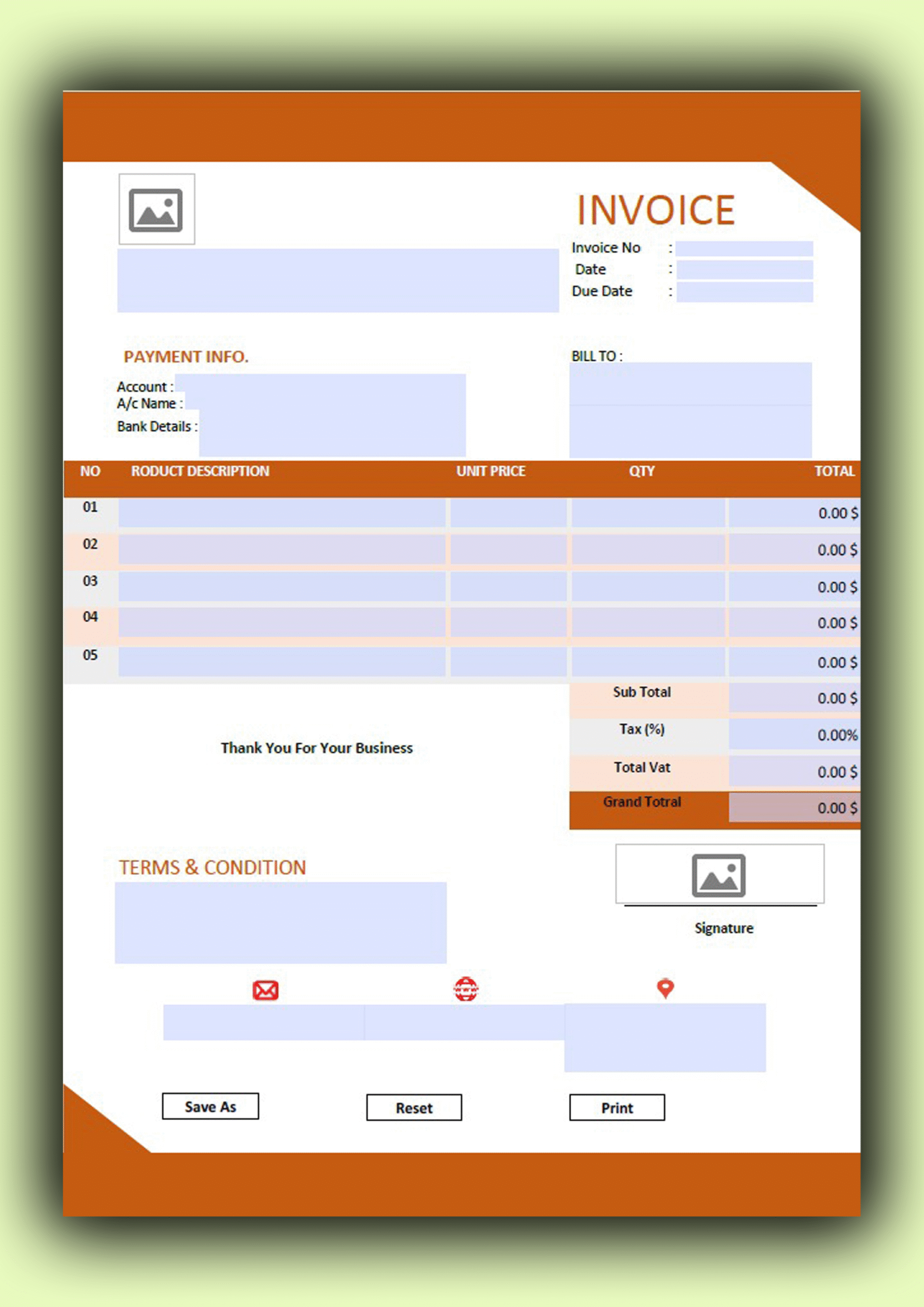 Fillable PDF Sales Invoice Template Design 6 - Automated Calculations