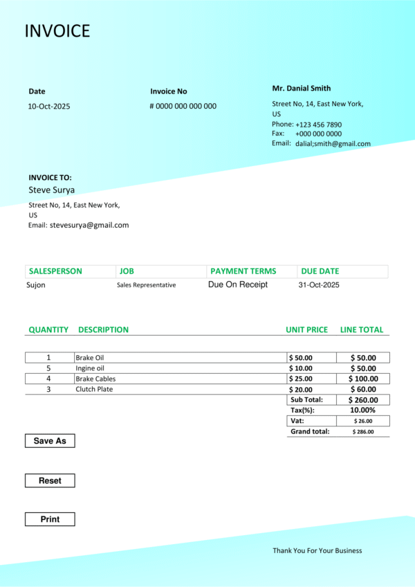 Fillable PDF Sales Invoice Template Design 7 - Automated Calculations - Image 4