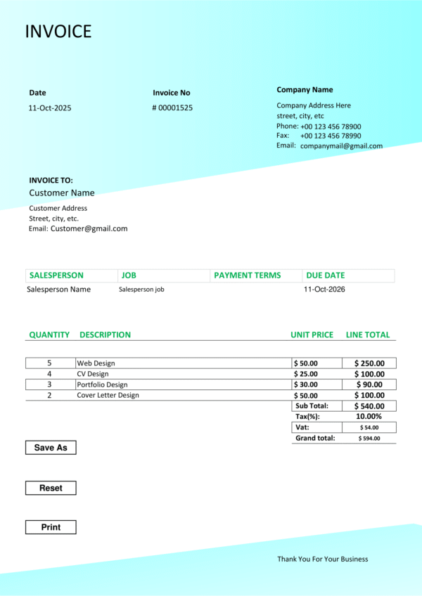 Fillable PDF Sales Invoice Template Design 7 - Automated Calculations - Image 3