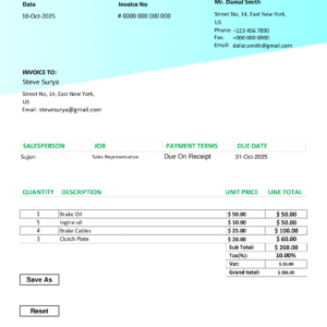 Fillable PDF Sales Invoice Template Design 7 - Automated Calculations
