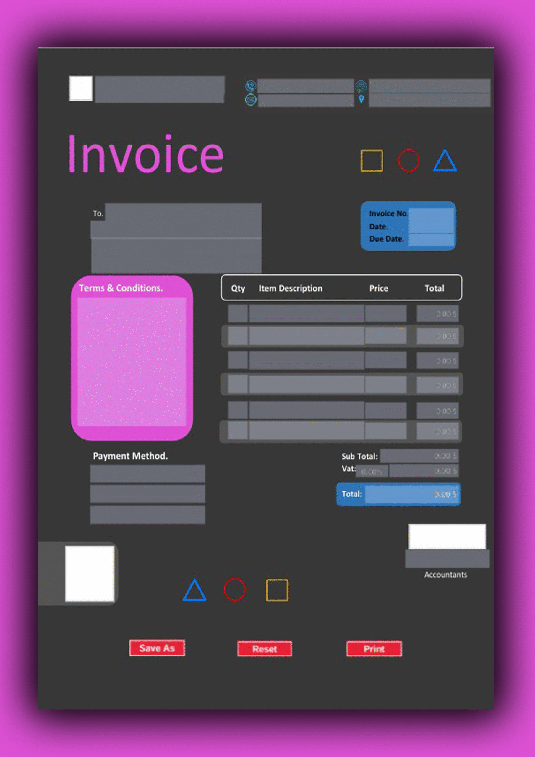 Fillable PDF Sales Invoice Template Design 1 - Automated Calculations