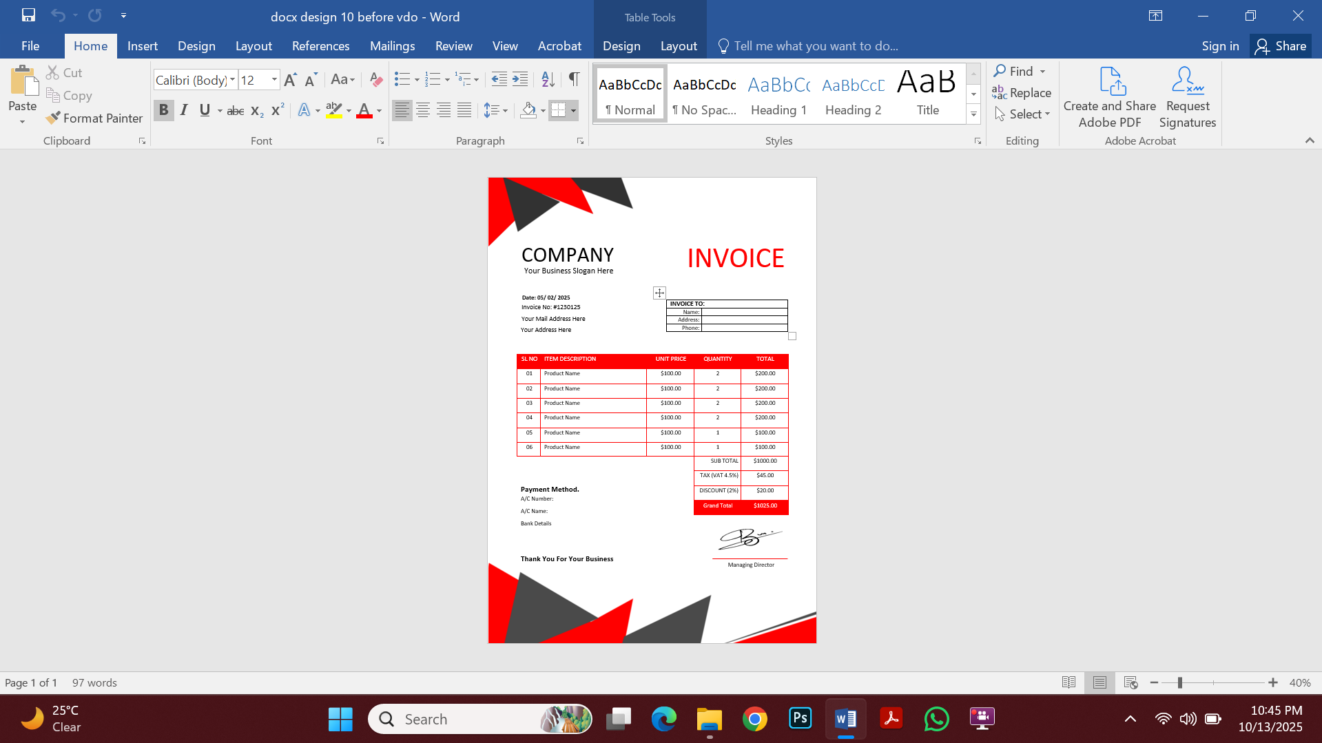 Professional MS Word Invoice Template Preview