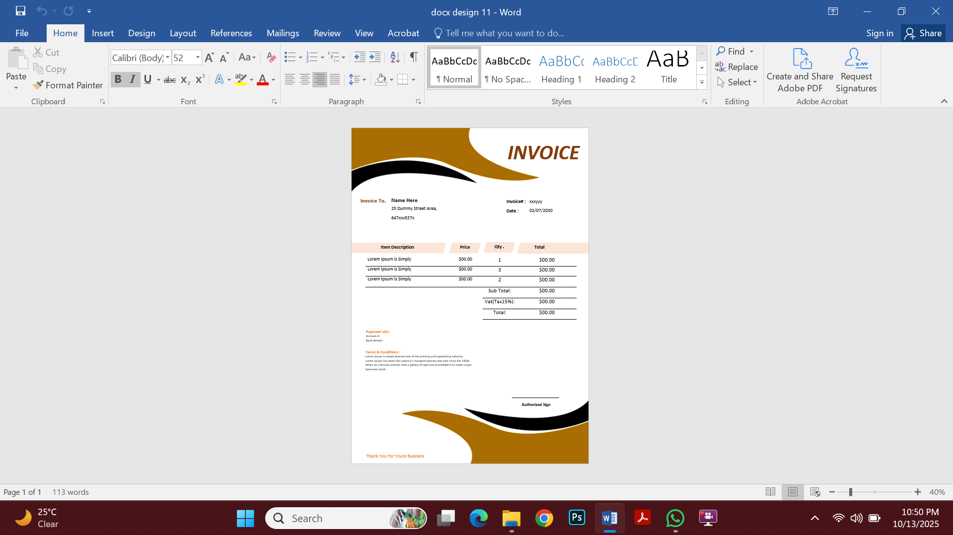 Professional MS Word Invoice Template Preview