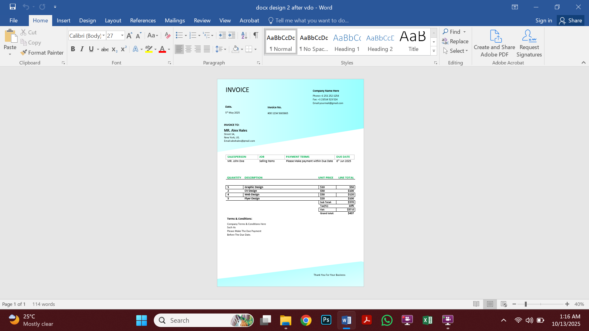 Professional MS Word Invoice Template Preview