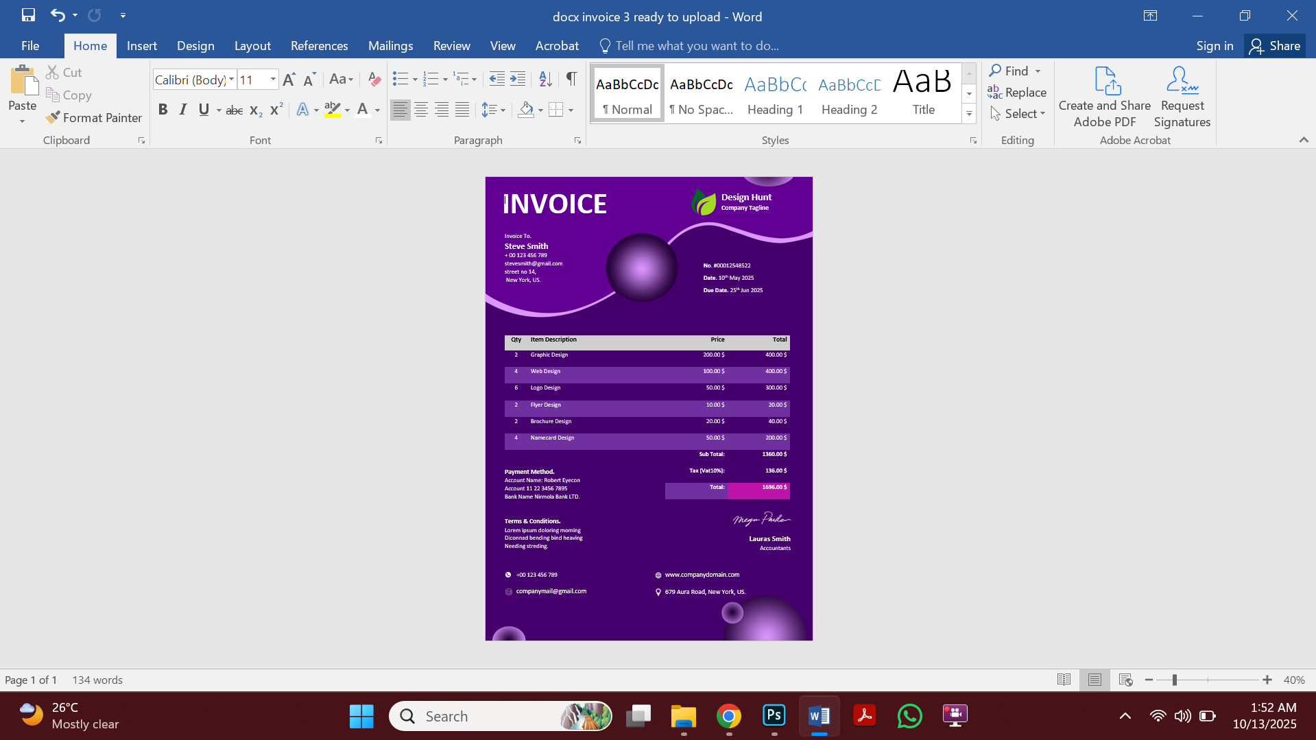 Professional MS Word Invoice Template Preview