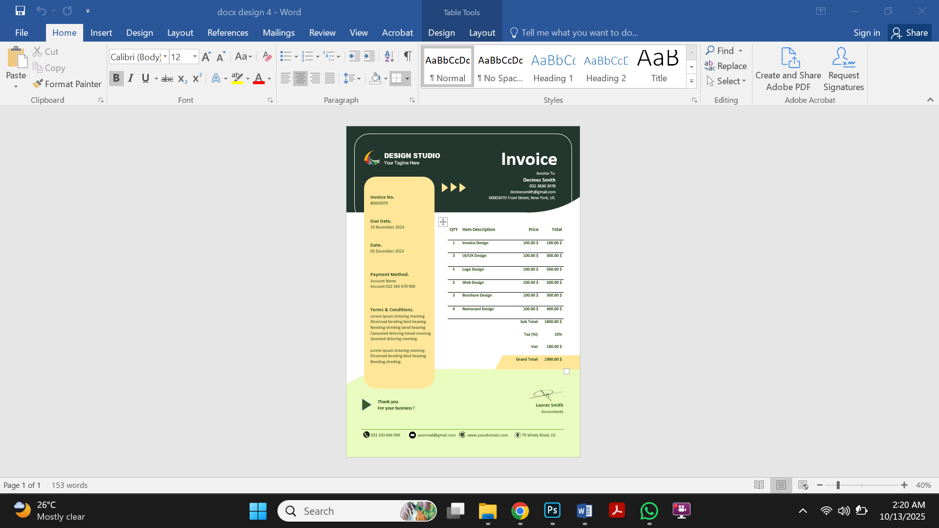 Professional MS Word Invoice Template Preview