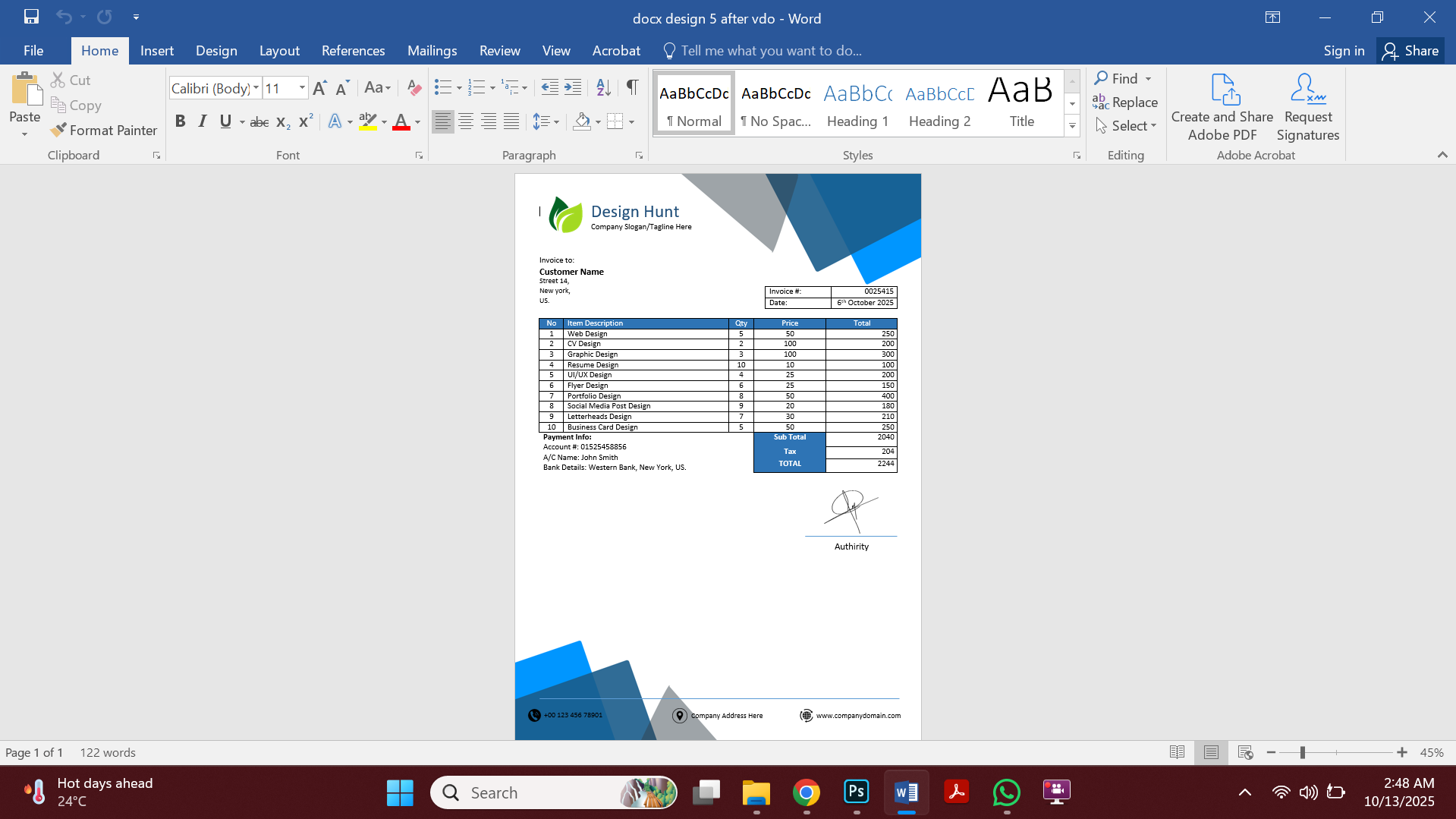 Professional MS Word Invoice Template Preview