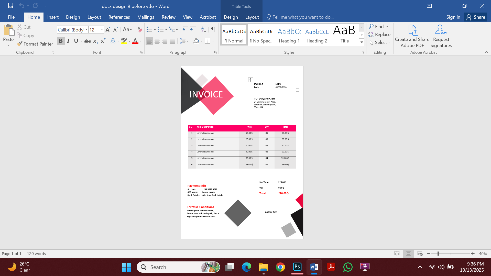 Professional MS Word Invoice Template Preview