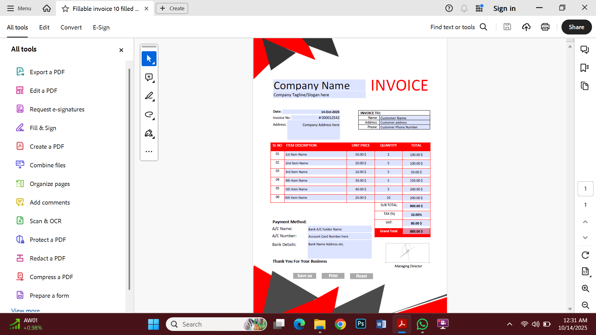 Fillable PDF Sales Invoice Template Preview