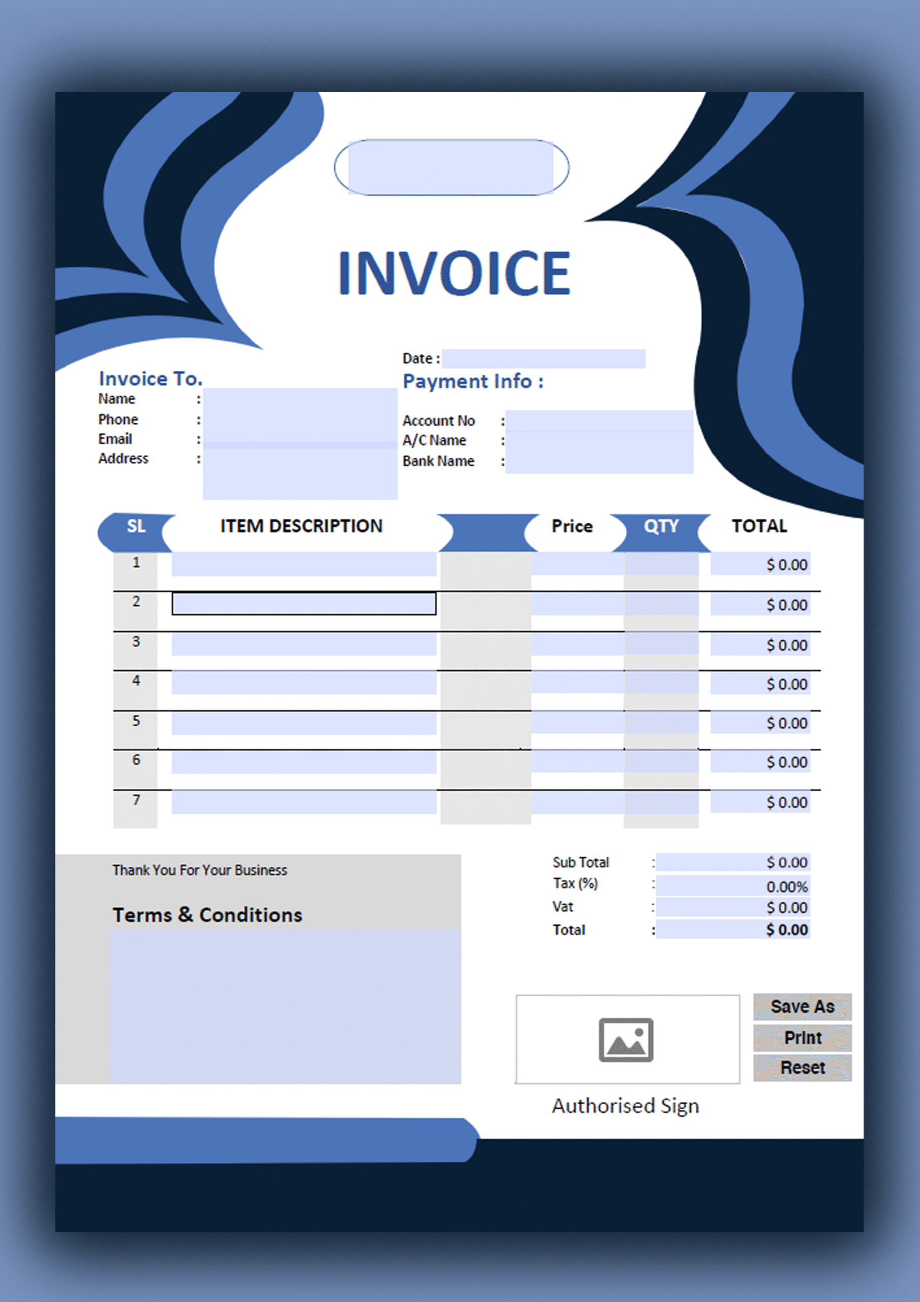 Fillable PDF Sales Invoice Template Design 12 - Fully Editable & Instant Download