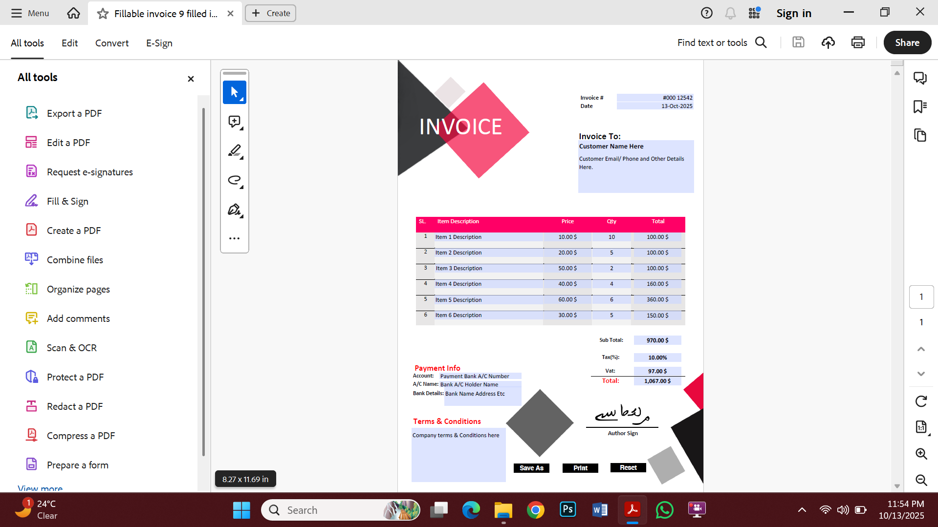 Fillable PDF Sales Invoice Template Preview