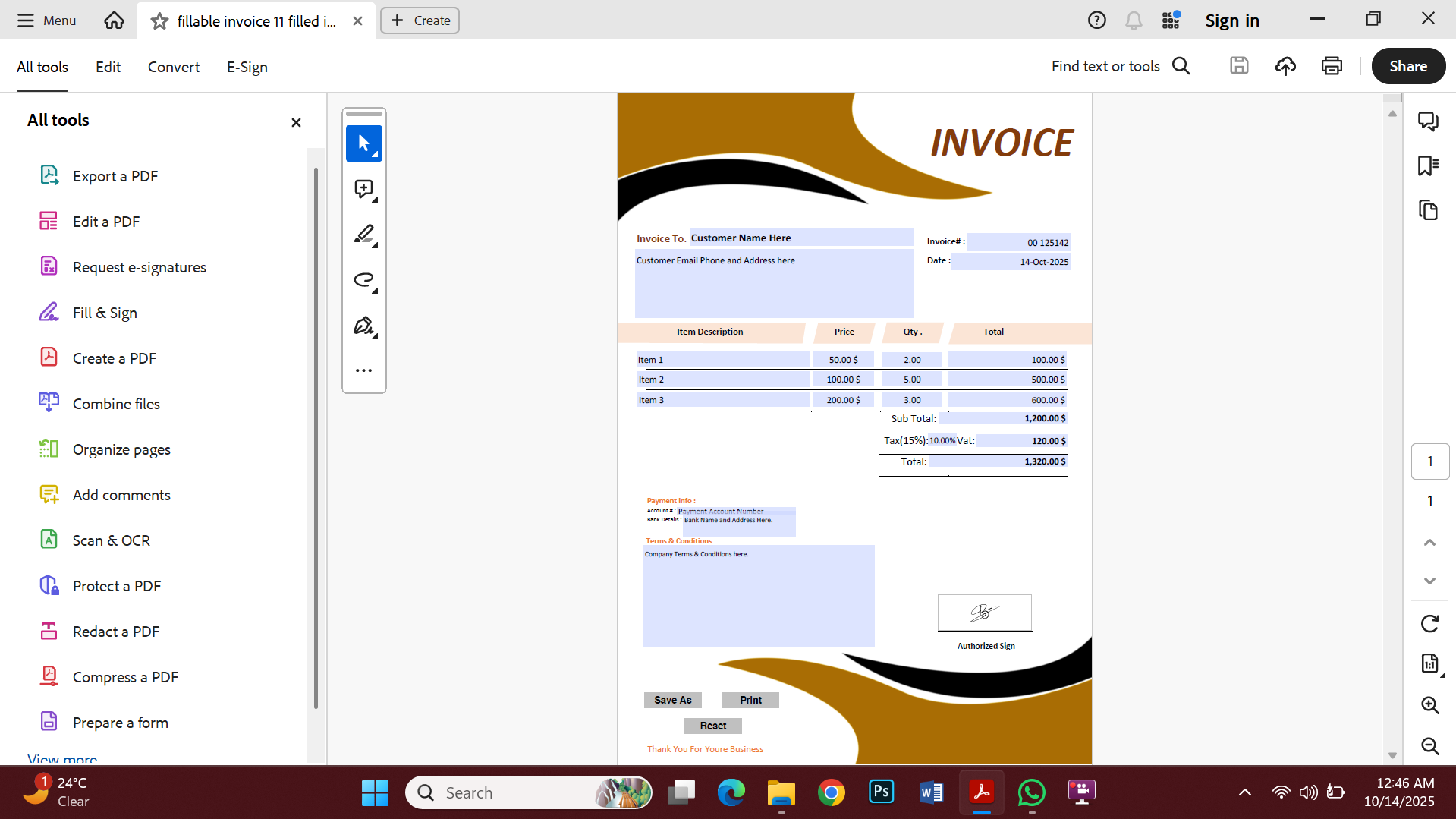 Fillable PDF Sales Invoice Template Preview