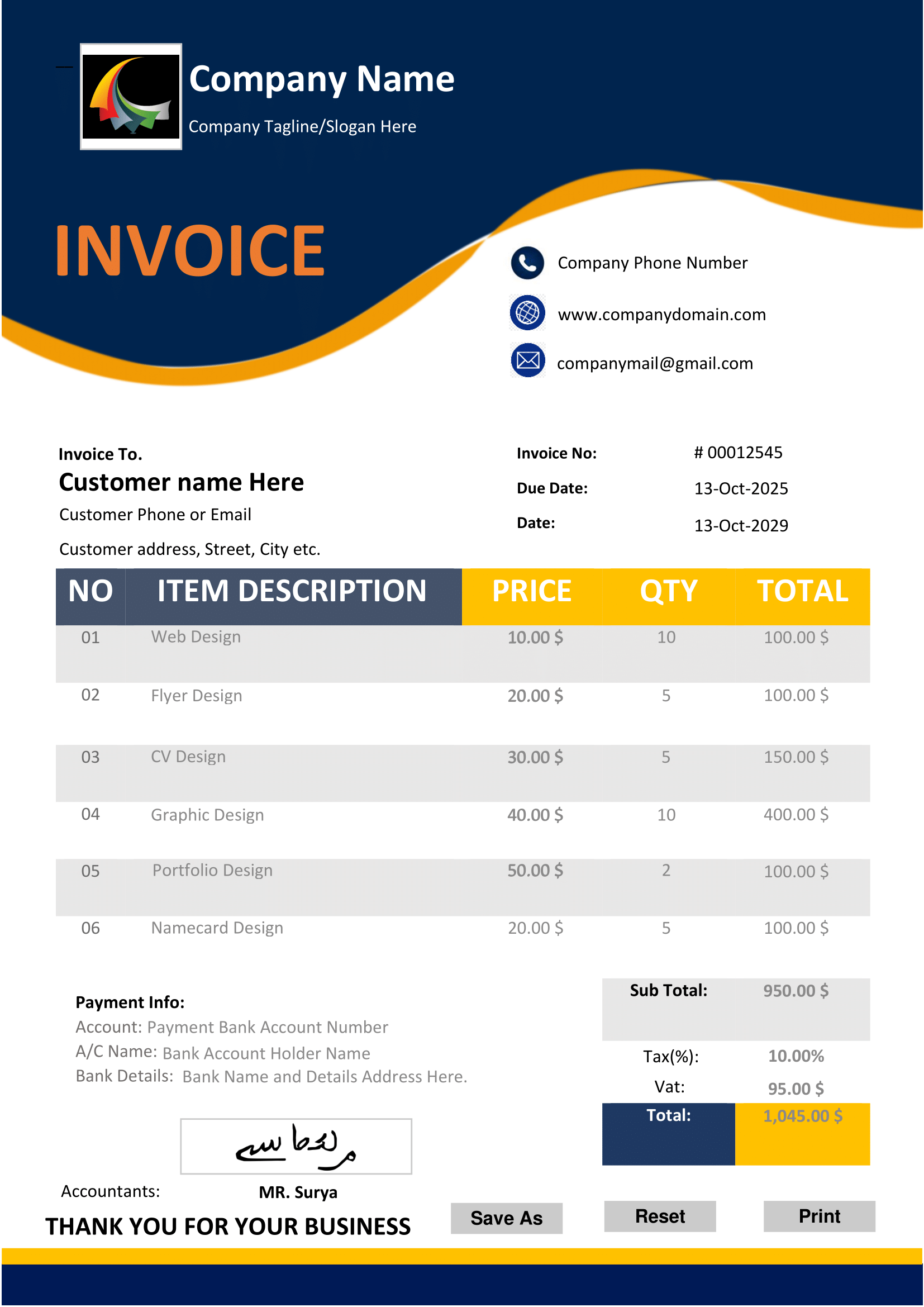 Fillable PDF Sales Invoice Template Design 8 - Automated Calculations - Image 2