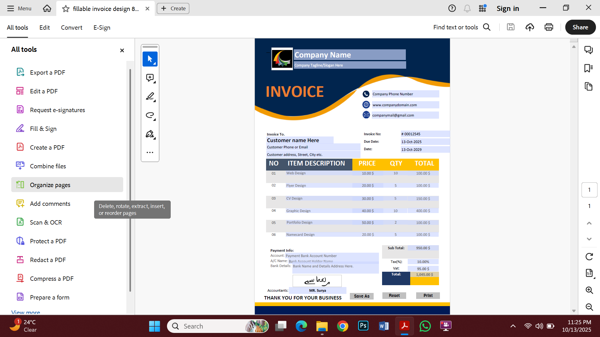 Fillable PDF Sales Invoice Template Preview