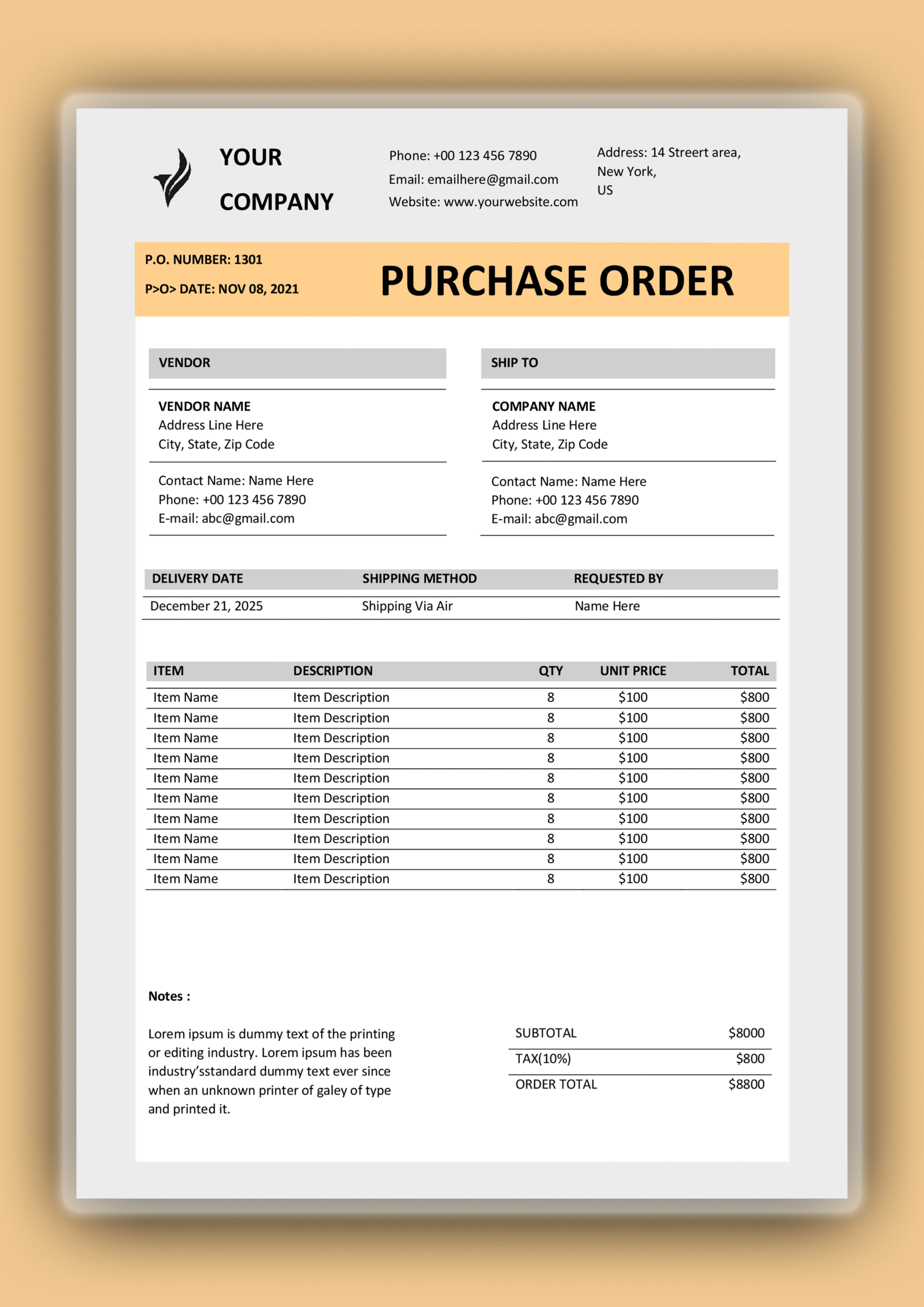 Premium MS Word Purchase Order Template Design 1 - Fully Editable & Instant Download