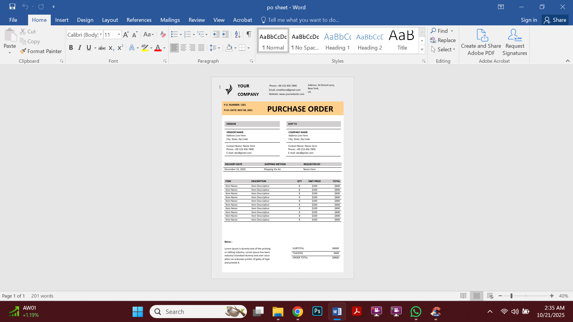 Premium MS Word Purchase Order Template