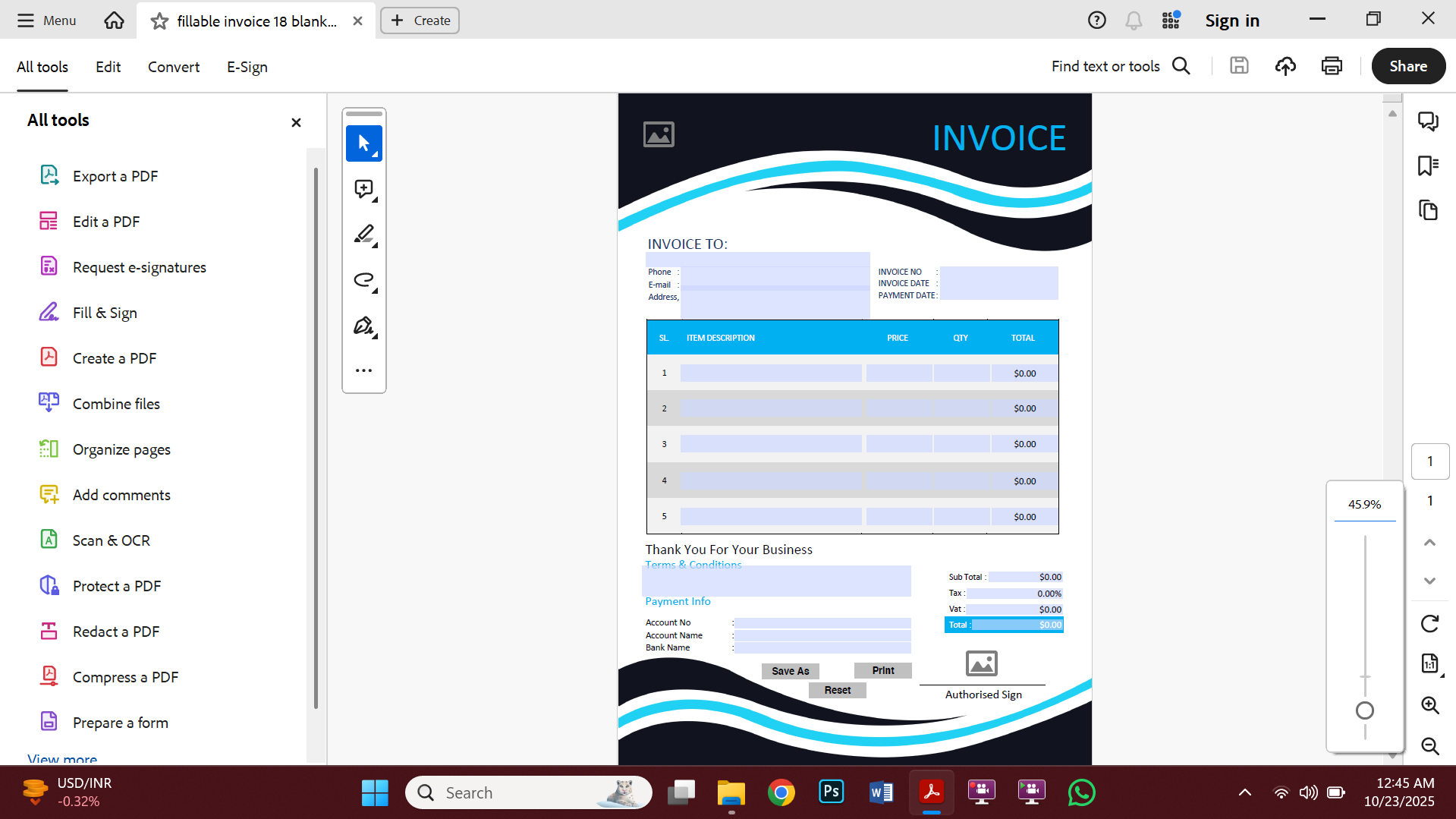 Professional Fillable PDF Invoice Template Design 18 Preview