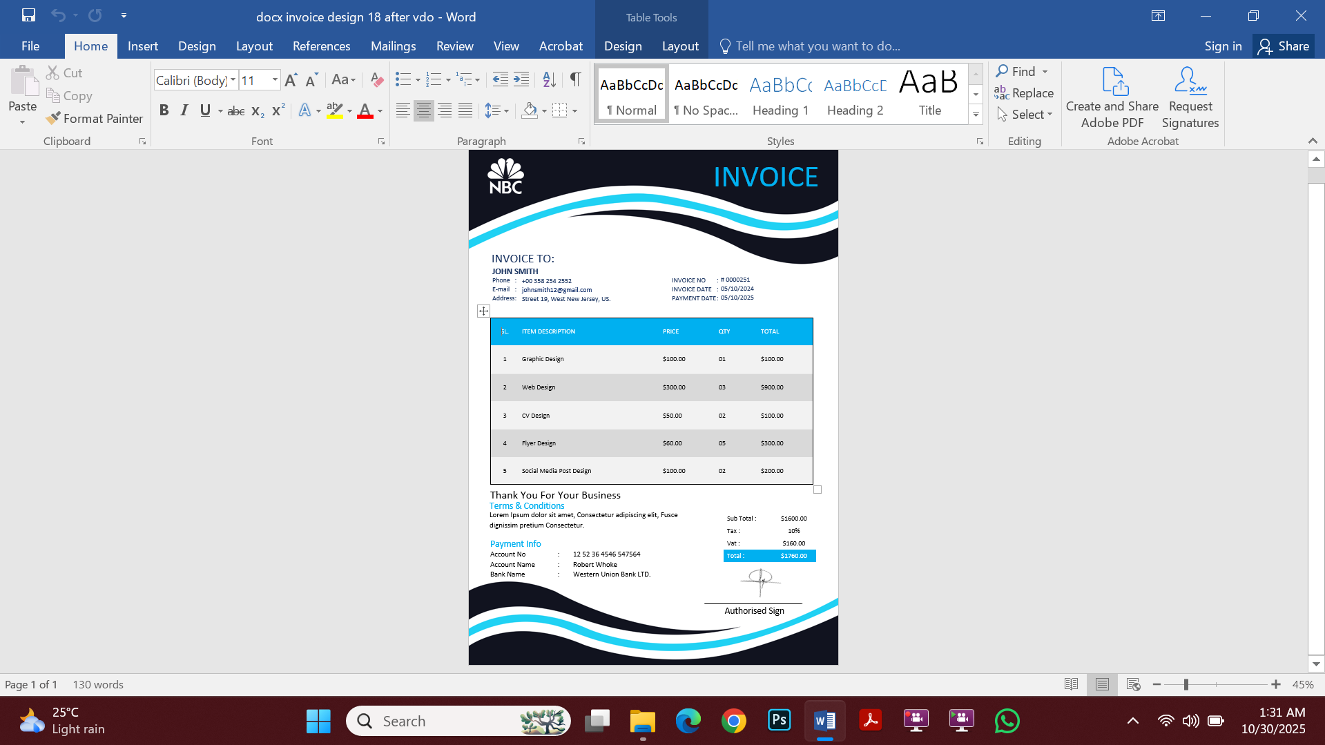 Professional MS Word Invoice Template Design 18 Preview
