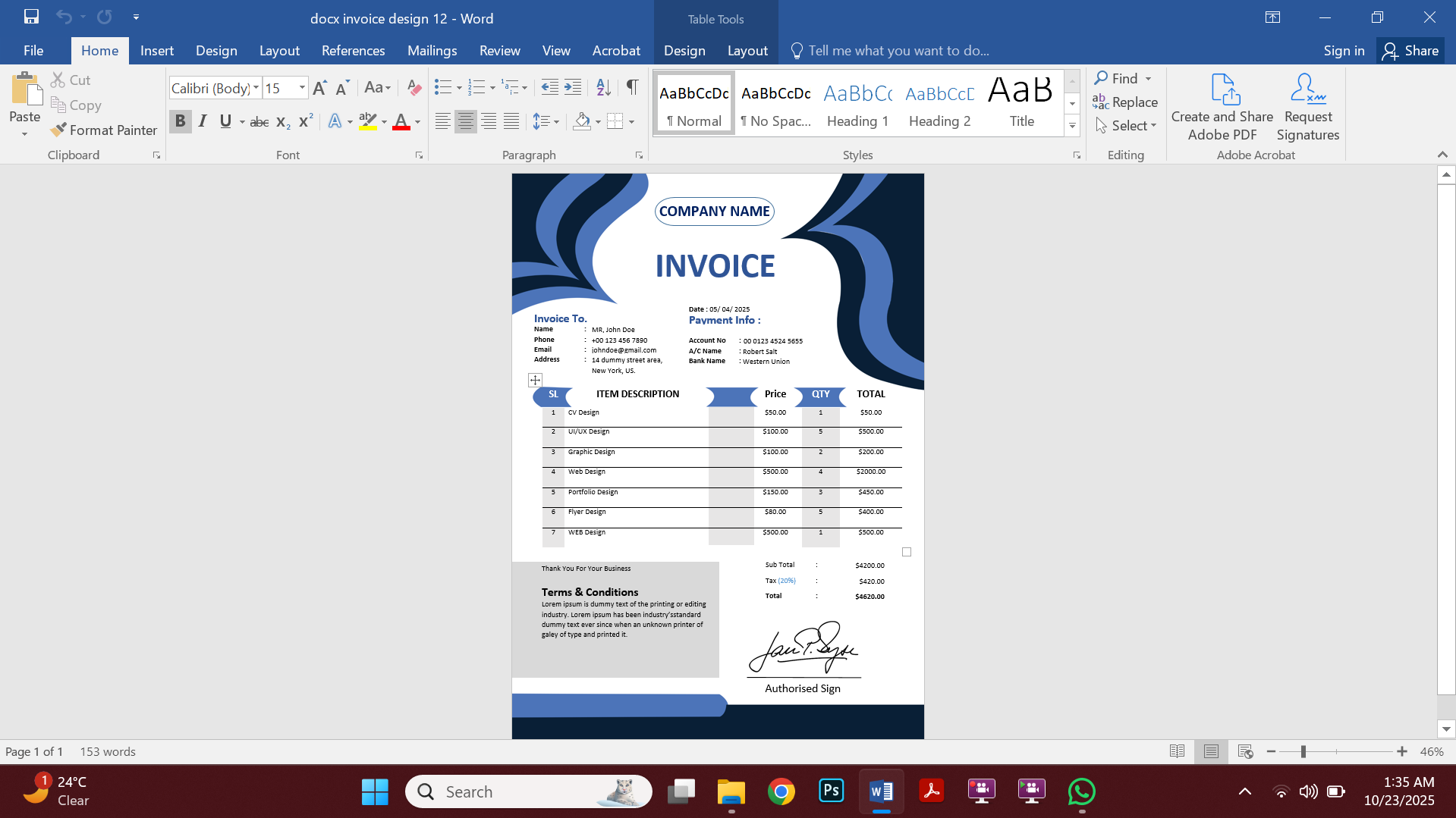 Professional MS Word Invoice Template Design 12 Preview