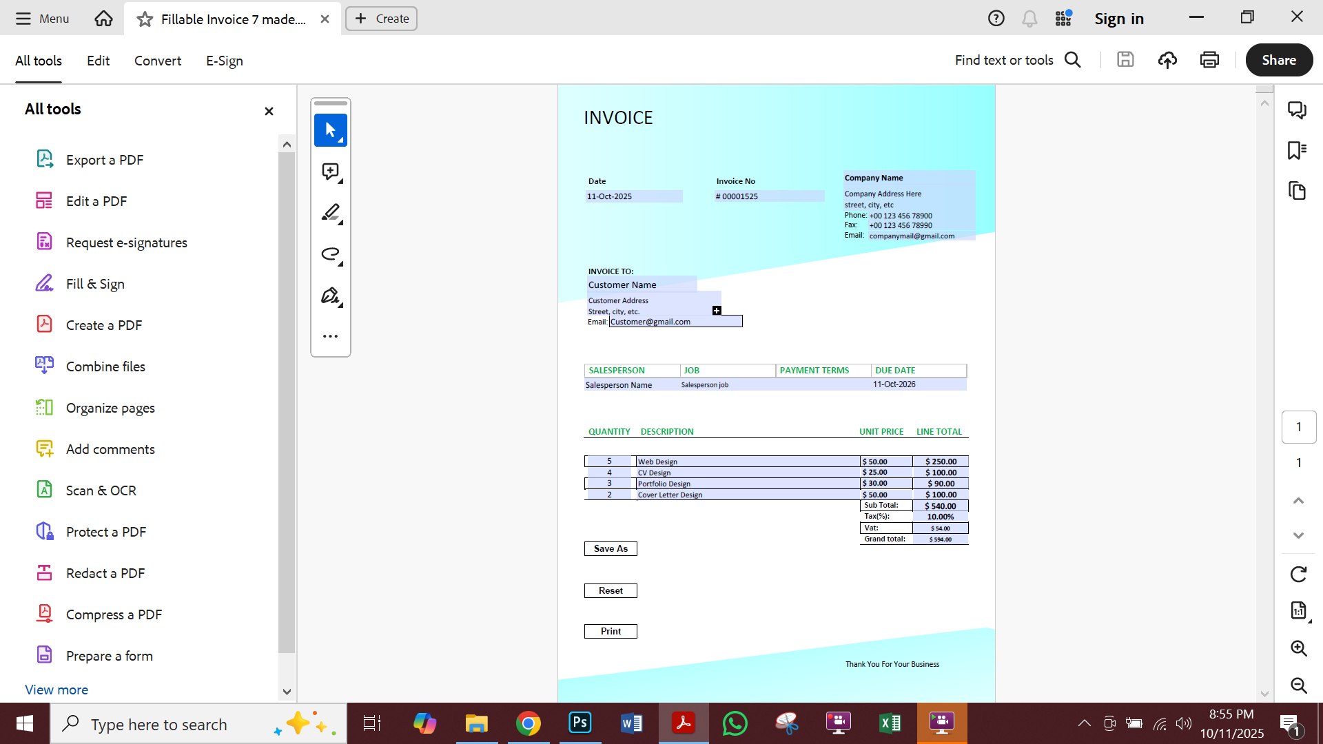 Fillable PDF Sales Invoice Template Preview