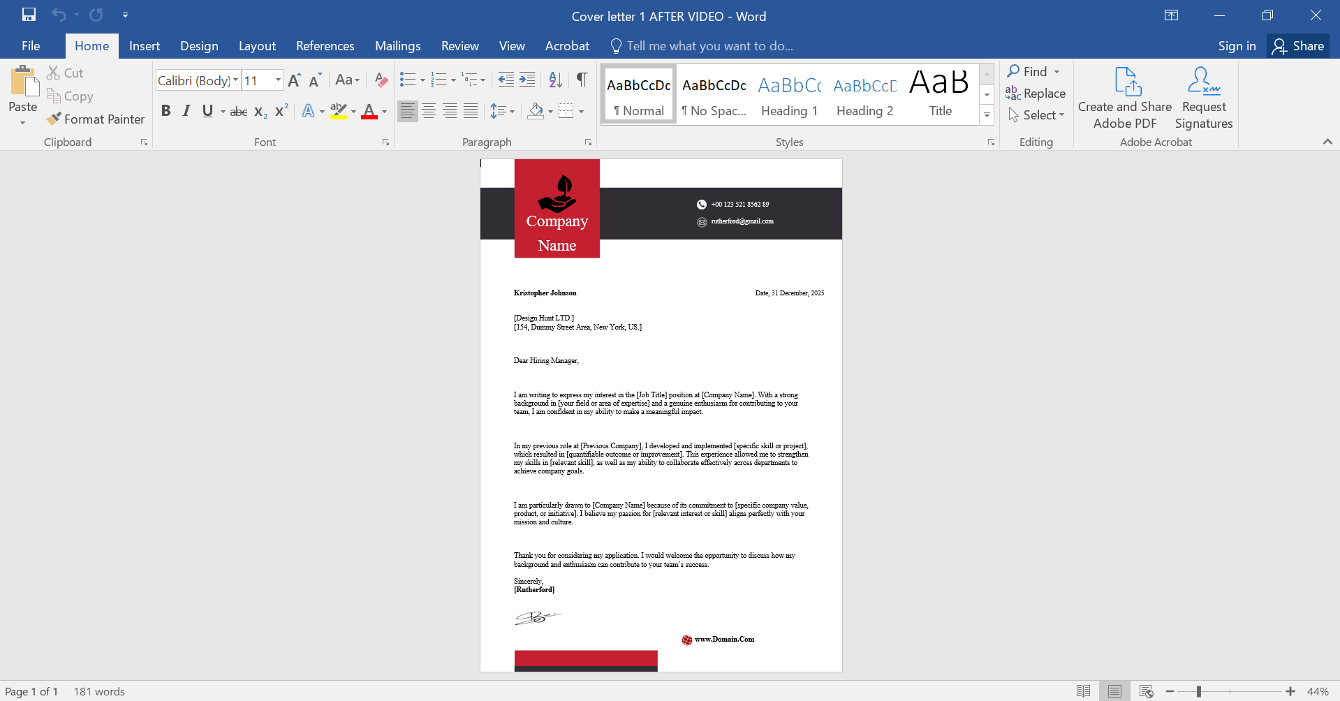 Professional MS Word Cover Letter Template Design 1 Preview