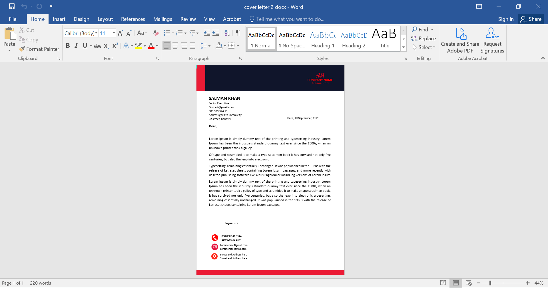 Modern MS Word Cover Letter Template Design 2 Preview