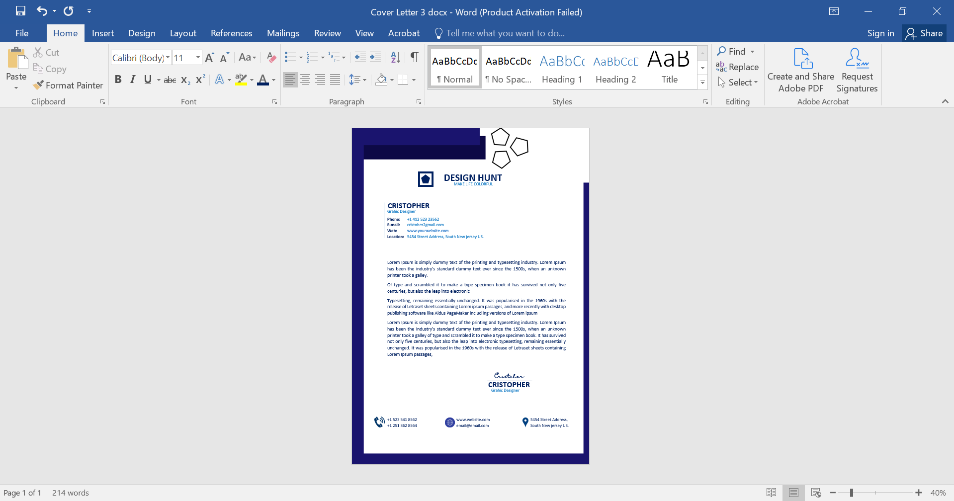 Executive MS Word Cover Letter Template Design 3 Preview