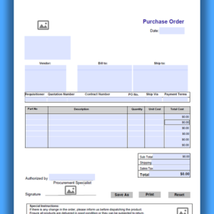 Purchase Order Template PDF – Design 1 | Fillable Form with Automatic Calculation