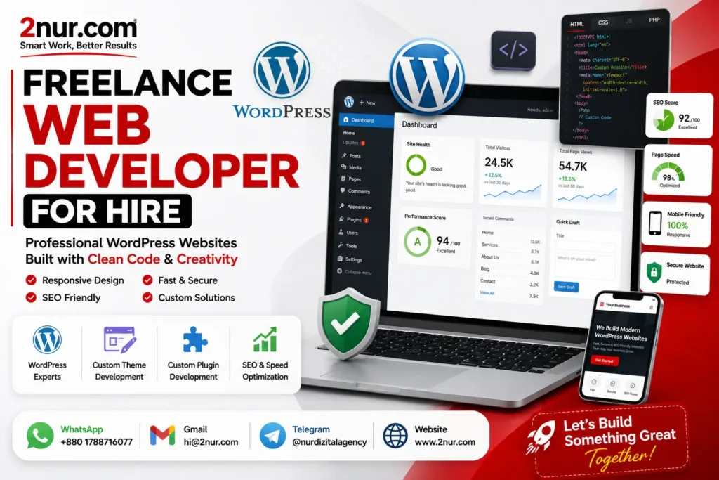 Freelance web developer for hire banner featuring WordPress website development, custom coding services, responsive web design, SEO optimization, and professional web development solutions.