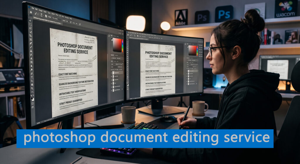 Professional Photoshop document editing service with accurate text replacement, font matching, and layout preservation for scanned documents and PDFs.